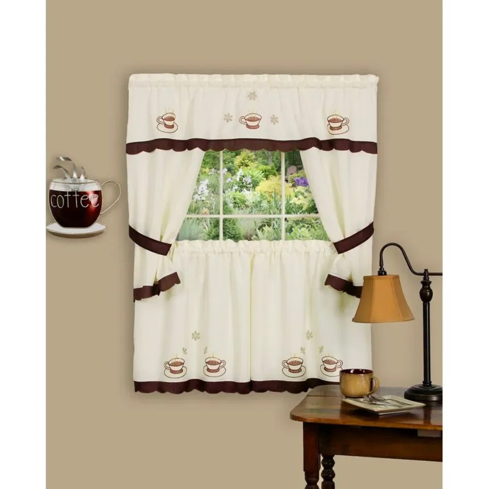 PowerSellerUSA 5-Piece Embellished Kitchen Curtain Cottage Set, Tier Panels,